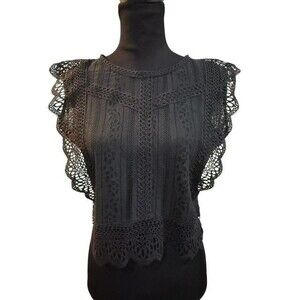 ChicWish Women Blouse Size Large Black Lace Round Neck Keyhole Button Sleeveless